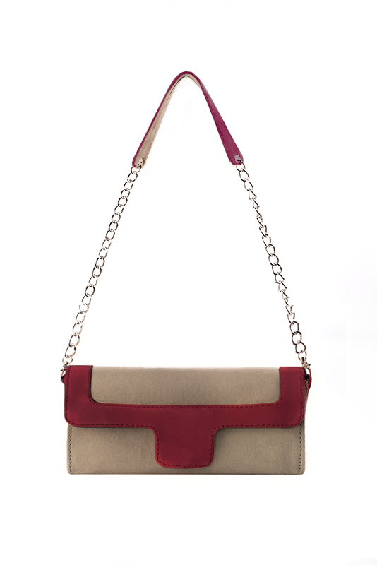Women's tan beige and burgundy red luxurious elegant clutch for ceremonies, weddings and evenings out. - Top view